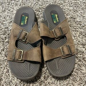 Woman's SKETCHERS Brown Adjustable Double Strap Slide Sandals Size 9.